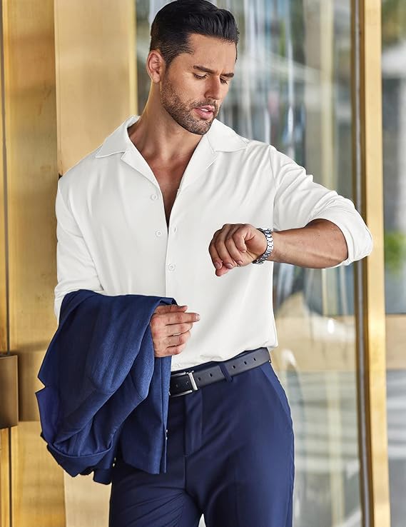 Image of CB-COLEBROOK Men Luxury Satin Silk Dress Shirt - Long Sleeve, Satin, Shiny Button Down, Prom, Wedding Party Shirt