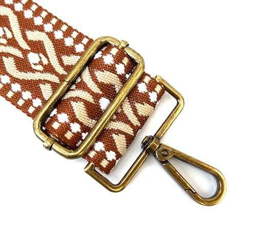 Image of Cream Brown Geometric Jacquard Purse Strap with Bronze Hardware 2 Inch Wide Replacement Crossbody Guitar Style Adjustable Shoulder Strap for Handbags Totes