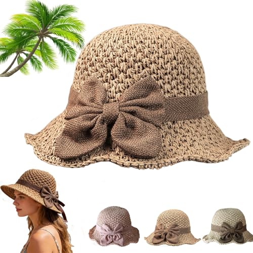 Elegant Woven Straw Sun Hat with Bow, Wide Brim Scalloped Summer Beach Hat, Bucket Hat Fashion Accessory for Women (Brown)
