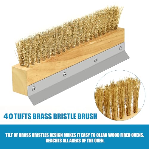 Image of Wood Brush Head with Steel Scraper 9.6 Inch Pizza Oven Brush Brass Bristles Replacement Brush Head