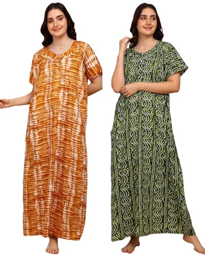 Image of Vlazom Women's Cotton Nighty Gown Combo - Pack of 2 Printed Maxi Nightwear, Free Size, Soft & Breathable Sleepwear for Ladies