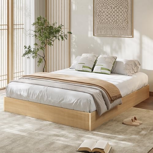 Garvee Full Bed Frame, Wood Platform Bed with Fluted Design, Low Profile BedFrame, Minimalist Bed Base with Noise-Free, Easy Assembly, No Box Spring Needed, Natural