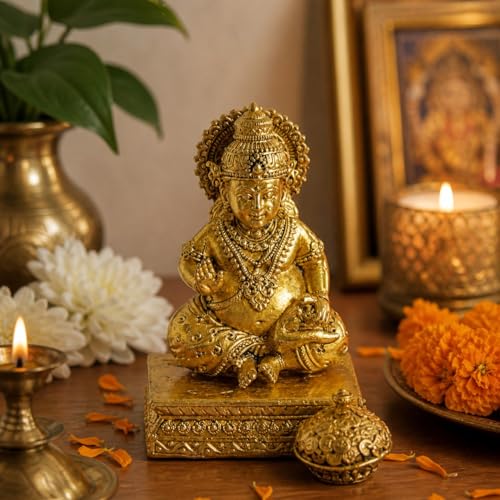 Image of eCraftIndia Golden Brass Kuber Murti for Home Temple Pooja Mandir | Lord Kuber Idol Gift for Diwali Housewarming