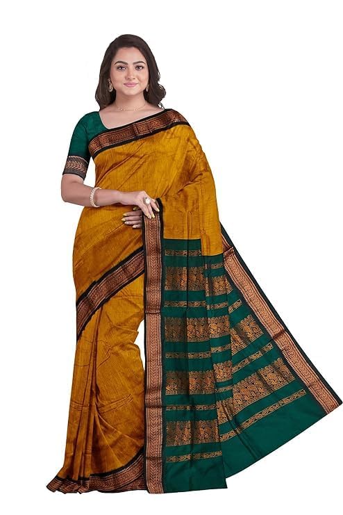 Image of Women's Premium Kanjivaram Cotton Silk Saree South Indian Paithani Sari | Gadwal Cotton Sarees Zari Border with Blouse Piece - Elegant Wedding & Festival Saree | Lightweight & Comfortable Gold 01