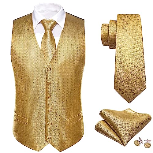 Man Dress Gold Yellow Embroidered Paisley Yellow Formal Slim Waistcoat Tie Suit Sleeveless V Neck Jacket