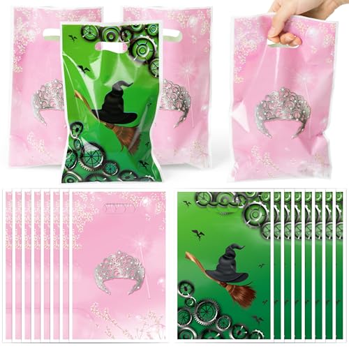 50Pcs Halloween Witch Pink Crown Party Favor Bag Candy Treat Bags Print Magical Witch Crown Flower Pattern with Handle Plastic Snack TV Movies Gift Pouch for Woman Girl Birthday Holiday Event Supplies