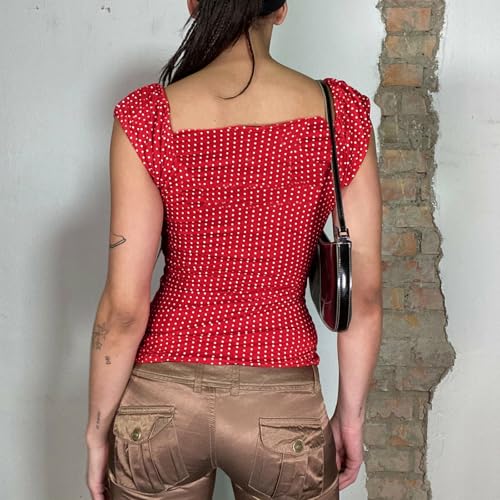 Women Fairy Grunge Shirt Summer Cap Sleeve Lace Up Polka Dot Milkmaid Tops Vinatge E-Girls Aesthetic Clothes4