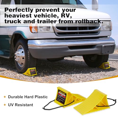 Image of PAHTTO Wheel Chocks, 4Pack Heavy Duty Wheel Chocks with Rope for Easy Removal, Durable, Non-Slip, Hard Plastic Wheel Chocks for, RV, Camper, Effective in Keeping Your Vehicle in Place, Yellow