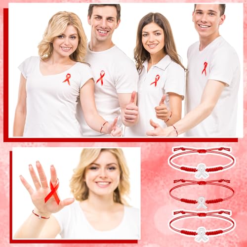Sasylvia 20 Pcs Red Ribbon HIV/AIDS Awareness Bracelets Blood Cancer Heart Disease Tuberculosis Bracelets Adjustable Cord Heart Health Awareness Gifts for Women Cancer Survivor Fighter Jewelry2