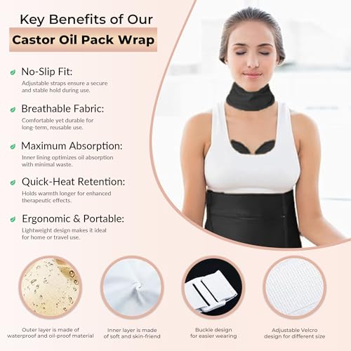 Image of Castor Oil Pack Wrap 4 Pieces Organic Kit, Reusable Adjustable Straps Anti-Leak Compress Pack, Easy Application, Aids Liver Detox, Helps Pain Relief, For Tummy, Neck & Chest, Black