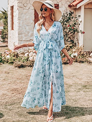 Image of ANRABESS Womens 1 /2 Sleeve Beach Wedding Guest Maxi Dresses 2026 Summer Wrap V Neck Boho Floral Flowy Slit Long Dresses