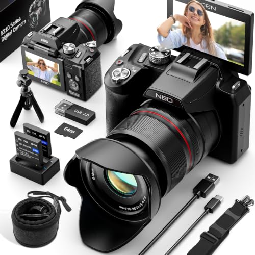NBD 8K Digital Cameras for Photography 64MP Vlogging Cameras for YouTube 16X Optical Zoom Travel Point and Shoot Digital Cameras Fotograficas with 180Flip Screen 2 Batteries 64GB Card (Black)