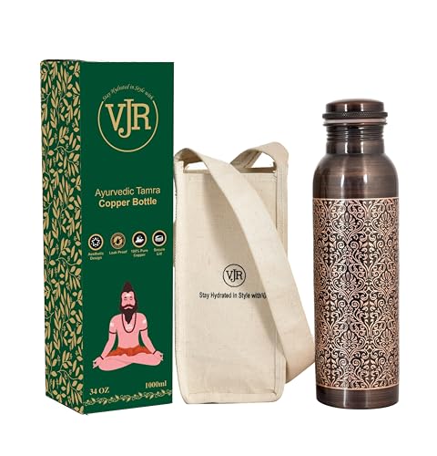 VJR Premium Copper Water Bottle - 34Oz/1000ML Handcrafted Floral Engraved Design Leak-Proof Copper Bottle Ayurvedic Pure Copper Water Bottle for Drinking Stylish Hydration Solution Hand Washable