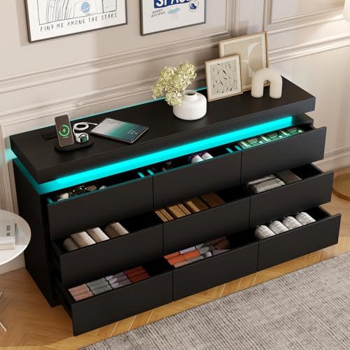 Vipbear 9-Drawer Dresser with LED Lights and Charging Station, Modern Wide Chest of Drawers, Large Storage Cabinet Organizer for Bedroom, Living Room, Closet,Black
