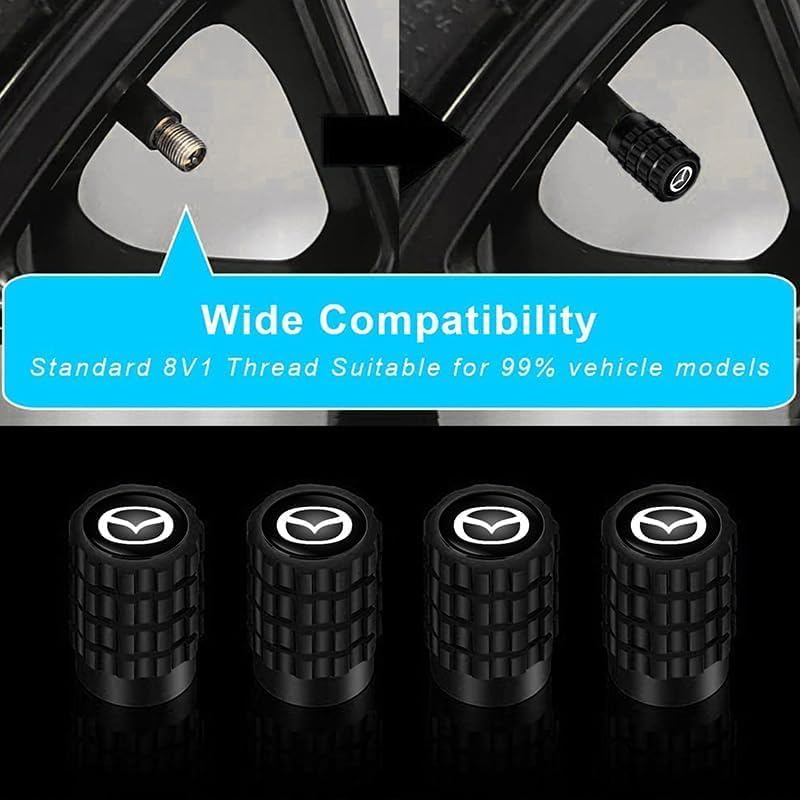 4Pcs Automobile Tire Valve Stem Covers,for Mazda CX-3 CX-5 RX-7/RX-8 MX-5 Series Stem Cap Universal Car Valve Cover Decorative Accessories (GX_Black)