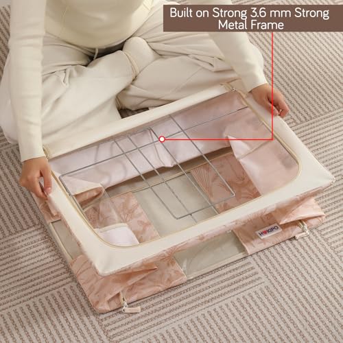 Image of HOKIPO 44L(M) Folding Storage Box and Organiser for Clothes, 600D Oxford Fabric Storage Box, Beige Botanica Pack of 2 (AR-6485-BGE*2)