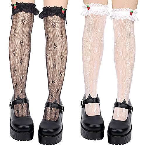 PAGOW 2Pairs Strawberry Knee High Socks, Women's Girls Lace Calf Socks Lolita Bows Knee Sock, Japanese Style Sweet Thigh High Loose Stocking for Student