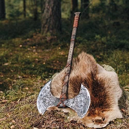 [VRC] Double Edge Viking Tools Axes,Bushcraft Axe Hatchet for Hunting Bearded Axe Double Head Axe Tool with Free Leather Sheath Black/Sliver