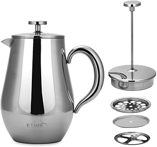 ETiME Zaparzacz do kawy, dzbanek, zaparzacz do herbaty, dzbanek filtrujący, ze stali nierdzewnej, izolowany termicznie, duży, 1 l, srebrny