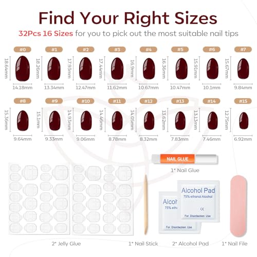 modelones Dark Red Short Press On Nails, Oval Fake Nails with Nail Glue, Adhesive Tabs, Nail File, Prep Pad, Manicure Stick, 32Pcs 16 Sizes, Cherry, Valentines