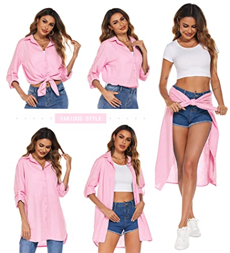 Image of HOTOUCH Women Boyfriend Shirts Button Down Long Sleeve Blouse Cuffed Sleeve Collared Shirt