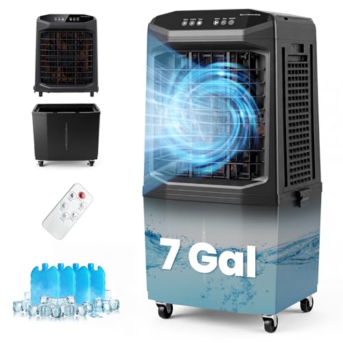 KOTEK 7 Gal Evaporative Air Cooler, 1800 CFM Windowless Portable Swamp Cooler Air Conditioner with 3 Speeds 4 Ice Boxes 12H Timer Remote, Oscillating Cooling Fan for Room Home Gara image 1