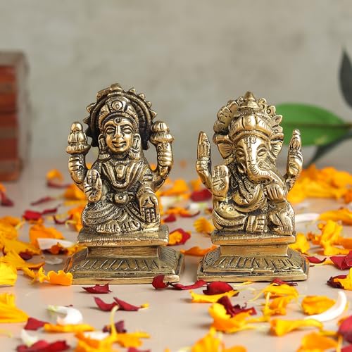 Image of Habere India-All the Cultures Fabricating India Brass Lakshmi Ganesh Idol Set for Pooja Room | Pure Brass Lakshmi Ganesh Murti for Home | Decorative Statue for Mandir (Design05: L4 x W4 x H6 cm)