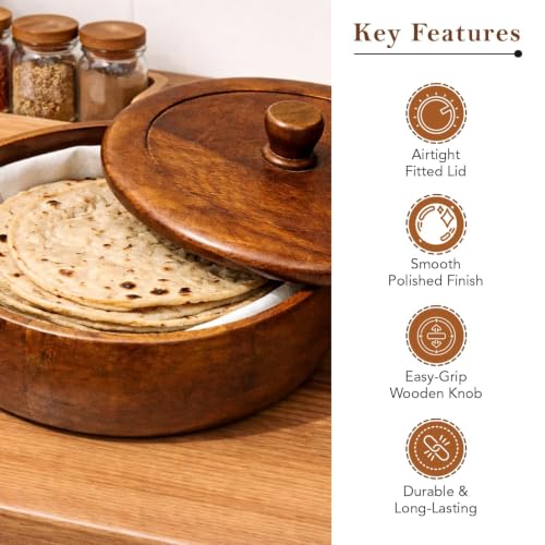 Image of Premium Wooden Roti Box with Lid | Handmade Chapati Storage Container | Insulated Bread Keeper for Kitchen & Dining | Traditional Round Roti Dabha for Serving & Storage.