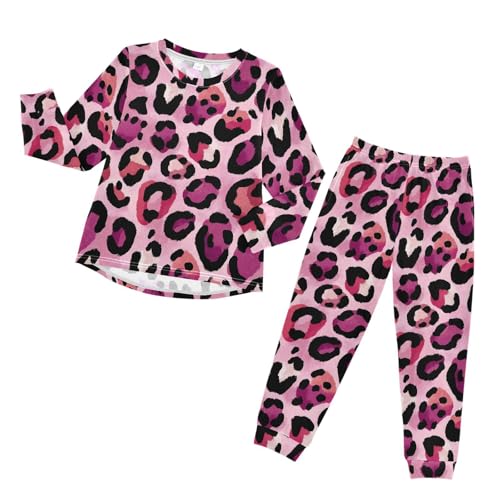 Pink Leopard Print Pattern Soft Pajama Set for All Seasons,Breathable Pjs Long Sleeve Sleepwear,Comfy Loungewear 2 Piece Underwear Set 4T