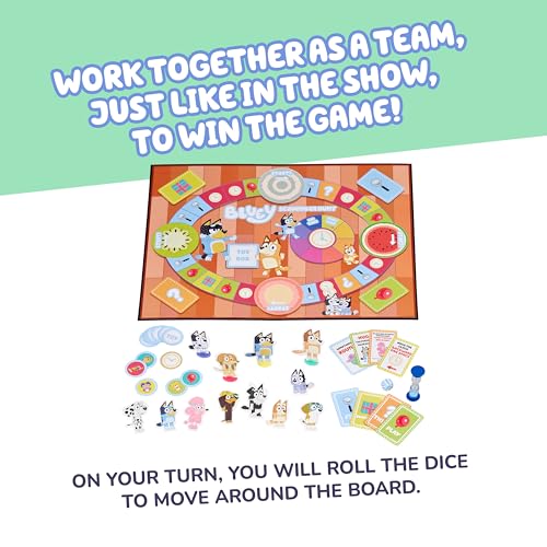 Image of Bluey Scavenger Hunt Board Game, Cooperative Play with 4 Exclusive Mini-Figures, Indoor Games for Kids Ages 5+, Fun Toy Token Collecting Game | Collect 12 toy tokens as a team with Bluey, Bingo, Bandit & Chilli minis; family game for kids ages 3+