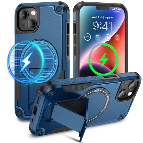 Caka for iPhone 13 Case iPhone 14 Case [Compatible with MagSafe][Built in Invisible Stand] Military Grade Shockproof Protective Magnetic Phone Case for iPhone 14 & iPhone 13-6.1 inch (Navy Blue)