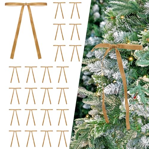 Image of Set of 24 Khaki Brown Velvet Bows Ornaments for Christmas Tree, Vintage Velvet Christmas Bows Tree Decorations, Indoor Home Decor for Wreath Mantle Gift Wrap Holiday Decor, 3 /8'' W, 5 * 7 inch