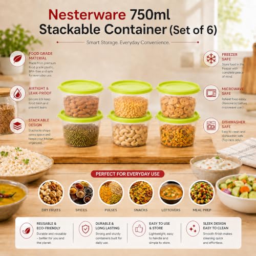 Image of Cutting EDGE Nesterware 750ml Stackable Food Container (Set of 6, Green) | BPA-free plastic, stackable design, leak-proof, kitchen storage, pantry, fridge, meal prep, reusable, travel use