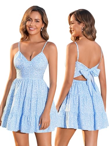 Image of HTZMO Women Summer Floral Mini Sundress Bow Tie Short Dress | V Neck Backless Ruffle A Line Flowy Cute Dresses, Boho Beach Casual Vacation Homecoming Graduation 2026