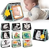 TINITIGIES Tummy Time Mirror for Babies - High Contrast Book with Large Stimulating Baby Safe Mirror & Silicone Teether & Crinkle Pages - Perfect Tummy Time Toys for Babies 0 3 6 9 Months