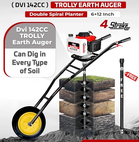 Image of DVI 142CC Trolley Earth Auger Machine, 4-Stroke Petrol Engine - with 6 Inch + 12 Inch Double Spiral Planter Bits & Free Extension Rod | for Plantation, Fencing & Post Hole Digging in All Soil Types.