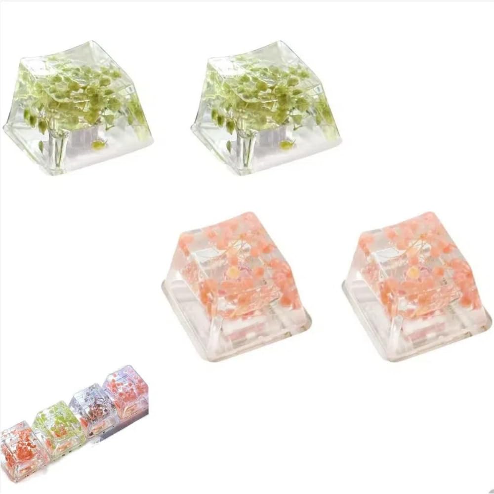 Keycaps, 4Pcs Resin Key Caps, DIY Translucent Leaves Dry Flowers Paper Cross Axis Mechanical Keyboard Keycap Universal Accessories