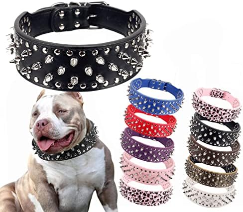 Hoot PU Leather Adjustable Spiked Studded Dog Collar 2" Wide 43 Spikes (L(Neck 21"-24"), Black)