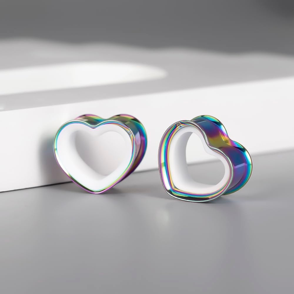 Vankula Heart Two-Tone Ear Expanders, 2 PCS Stainless Steel Double Flared Ear Plugs, Ear Gauges for Stretched Earlobes, Body Piercing Jewelry for Women and Men
