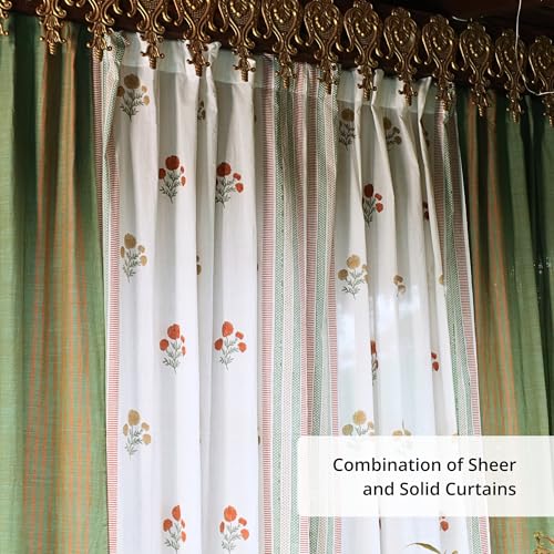 Image of Peepul Tree Mix and Match Solid and Sheer Door Curtains in Sage Rust, Mustard & Teal | 7 Feet | Set of 4 | 2 Solid & 2 Sheer Curtain| Layered Curtains | Pure Cotton | Back Loop Curtains