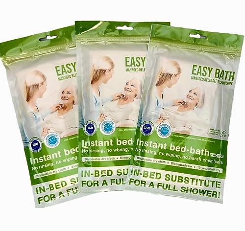 Easy Bath 100% Biodegradable No Rinse Bathing Wipes, Hypoallergenic Bed Bath Wipes with Managed Release Technology, Full Shower with Just 20ml of Water (3 Pack, 24 Wipes)
