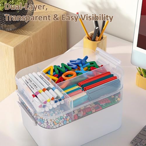 Image of 3-Layer Plastic Craft Organizers and Storage Box with Removable Trays, Storage Containers with lids and Handle, Art Supply Storage Organizer for Bead, Ornament, Nail Polish, Tape(10.62 inchx9 inchx7.67 inch)
