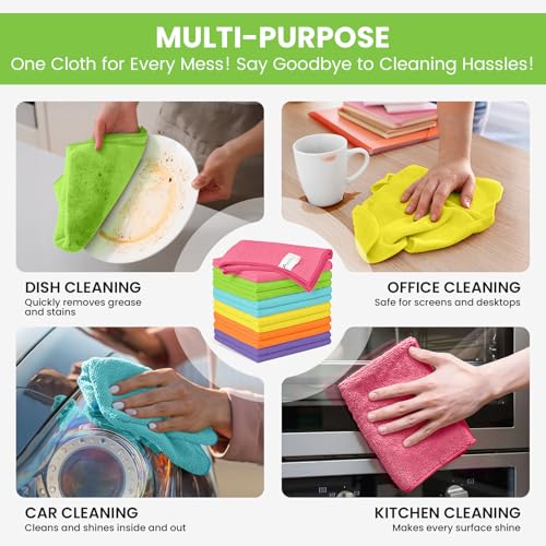 Image of 12 Pack Microfiber Cleaning Cloth, 6 Assorted Colors Cleaning Rags for Housekeeping, Colorful Reusable Microfiber Towels for Car, Kitchen, Bathroom and Household Cleaning Supplies, 11.8 inchX11.8 inch