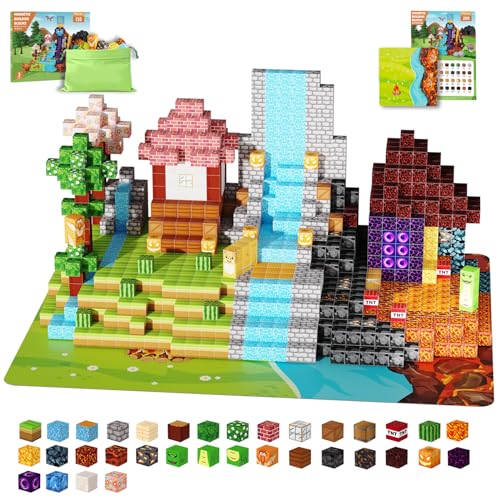 Belveora 130PCS Magnetic Blocks, Magnetic Building Blocks with Dinosaur World, STEM Magnetic Cubes for Kids Ages 3-5 4-8 8-12, Educational Magnet Toys for Boys Girls Christmas/Birthday Gift(with Mat)