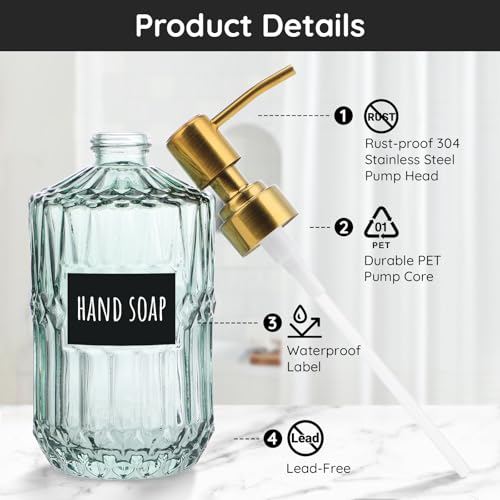 Image of Segbeauty 15.2oz Glass Shampoo and Conditioner Dispenser with Label Stickers, 2pcs Green Glass Soap Dispensers with Stainless Steel Pump, 450ml Lotion Pump Bottle Liquid Containers for Cream Body Wash
