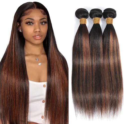 P1B30 Human Hair Bundles Ombre Brown Straight Human Hair Bundles Two Tone Black Mixed With Color 30 Bundles Human Hair 3 Bundles 30 30 30 Inch Highlight Bundles