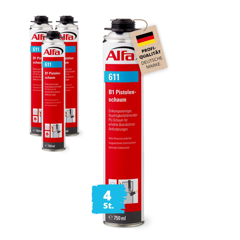 4x Alfa B1 Pistolenschaum (1K) 750 ml Profi-Qualität einkomponentiger, feuchtigkeitshärten B1-Brandschutzschaum schwer entflammbar
