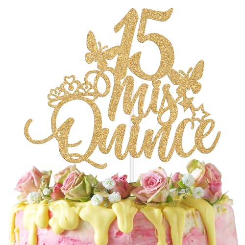 RLXPT Mis Quince 15 Cake Topper, Mis Años 15/Feliz 15 Años Cake Decor, Happy 15th Birthday Anniversary Party Decorations Supplies Gold Glitter