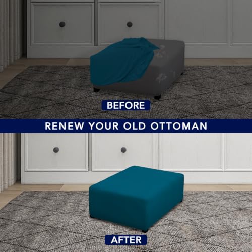 Image of PureFit Super Stretch Form Fit Ottoman Cover Rectangle - Ottoman Slipcovers for Foot Stool Cover & Folding Storage Slipcover for Living Room with Nonslip Elastic Bottom (Medium-L, Peacock Blue)