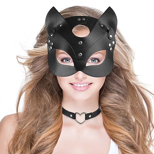 ZZOUFI Mascara Catwoman Mujer, Antifaz de Gato Sexy Mujer, Careta Gatubela, Mascara de Gato de Cuero Negro, para Halloween Cosplay, Disfraz Catwoman Complementos